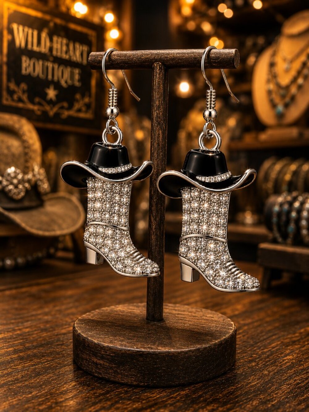 Cowgirl Western Boot Crystal Rhinestone Earrings with Black Cowboy Hat